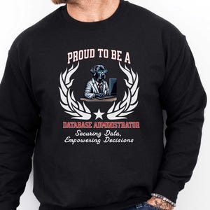 May include: Black sweatshirt with the text "PROUD TO BE A DATABASE ADMINISTRATOR" and a graphic of a dog wearing glasses and a lab coat working on a laptop. The text "Securing Data, Empowering Decisions" is also included.