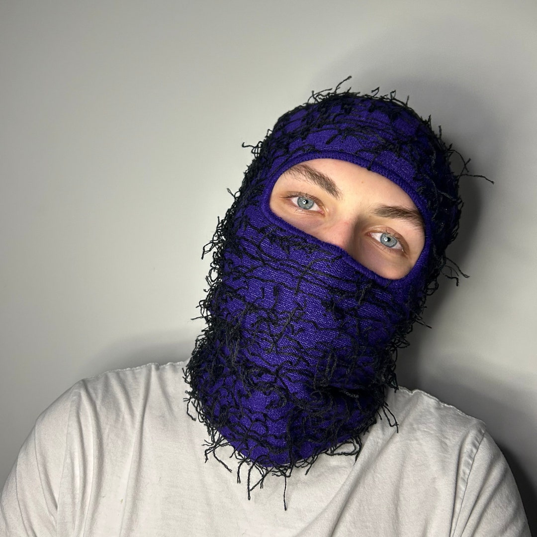 ●BLACKPURPLE● Cha-Cha Balaclava / unisex Purple & Black Distressed Balaclava Ski Mask Soft Knitted