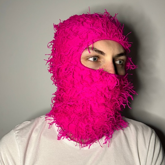 Hot Pink Distressed Balaclava Ski Mask Soft Knitted
