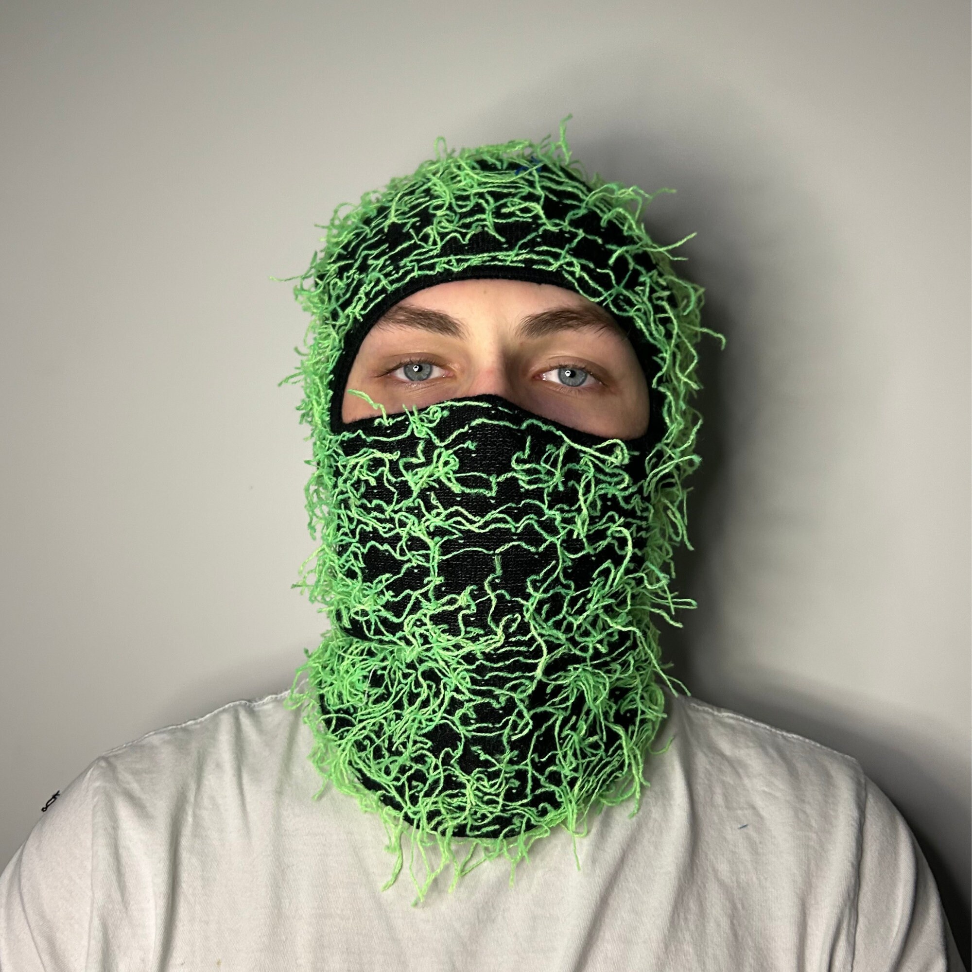 Black & Lime Green Distressed Balaclava Ski Mask Cozy Warm