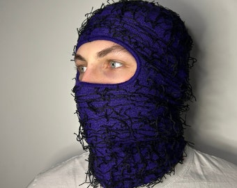 Purple & Black Distressed Balaclava Ski Mask Soft Knitted
