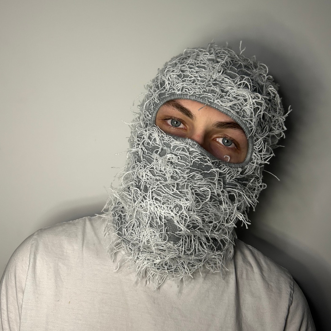 Grey & White Distressed Balaclava Ski Mask Soft Knitted