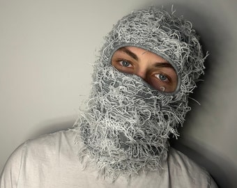 Grey & White Distressed Balaclava Ski Mask Soft Knitted