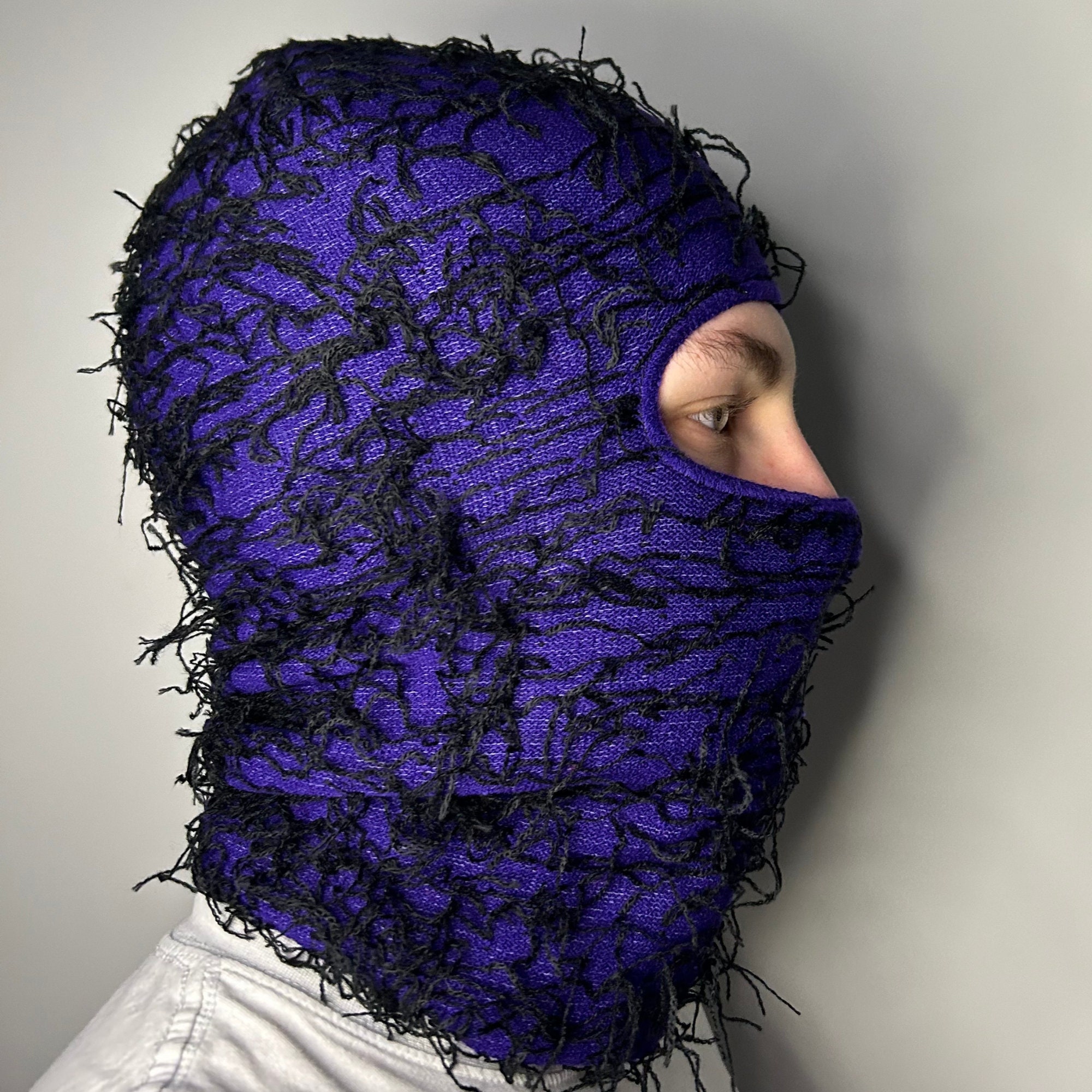 Purple & Black Distressed Balaclava Ski Mask Soft Knitted