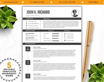 Nowoczesny wzór CV: Profesjonalne CV z listem motywacyjnym (format A4 i US Letter) (Word)
