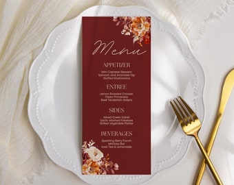 Burgundy Floral Menu Card Template, Rustic Fall Wedding (Digital Download)