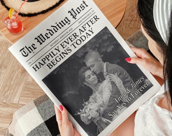 Printable Wedding Newspaper Program, Editable Canva Timeline (Digital Download)