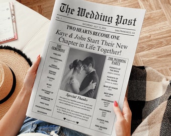 Wedding Newspaper Program Template, Editable Timeline (Canva)