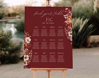 Plantilla para plano de asientos de boda con flores burdeos, temática otoñal (descarga digital)