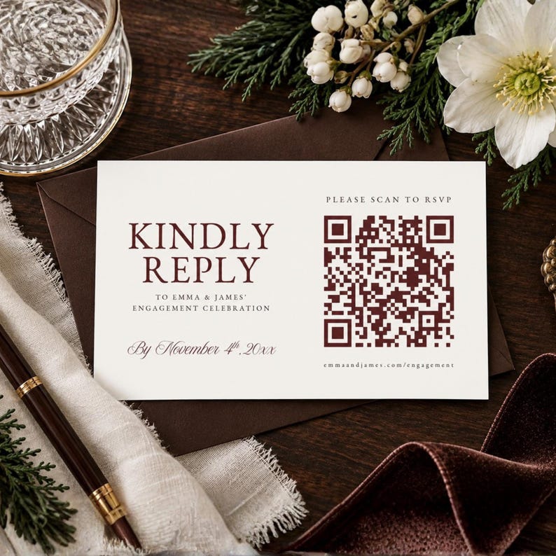 Rsvp Note Sample Winter Engagement Party RSVP Card Template With QR Code, Old Money ...