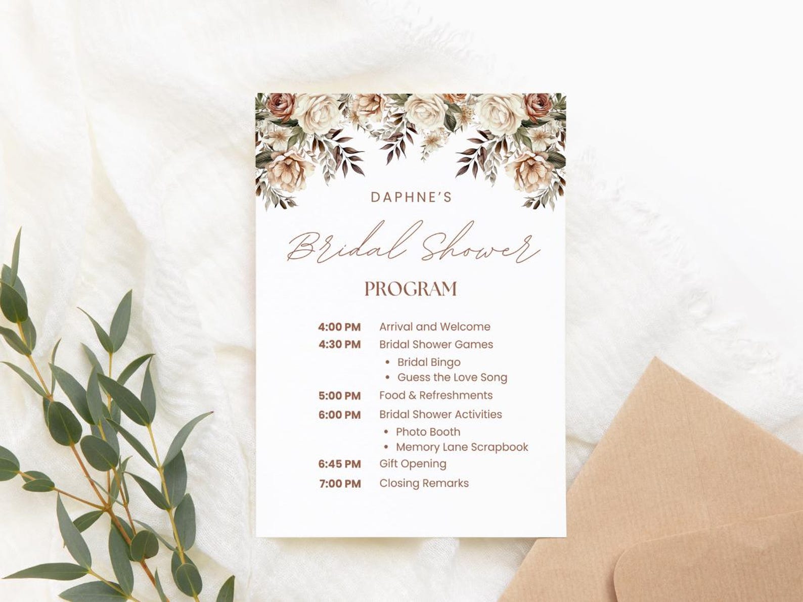 Boho Bridal Shower Program Template, Printable Brunch Menu (digital ...