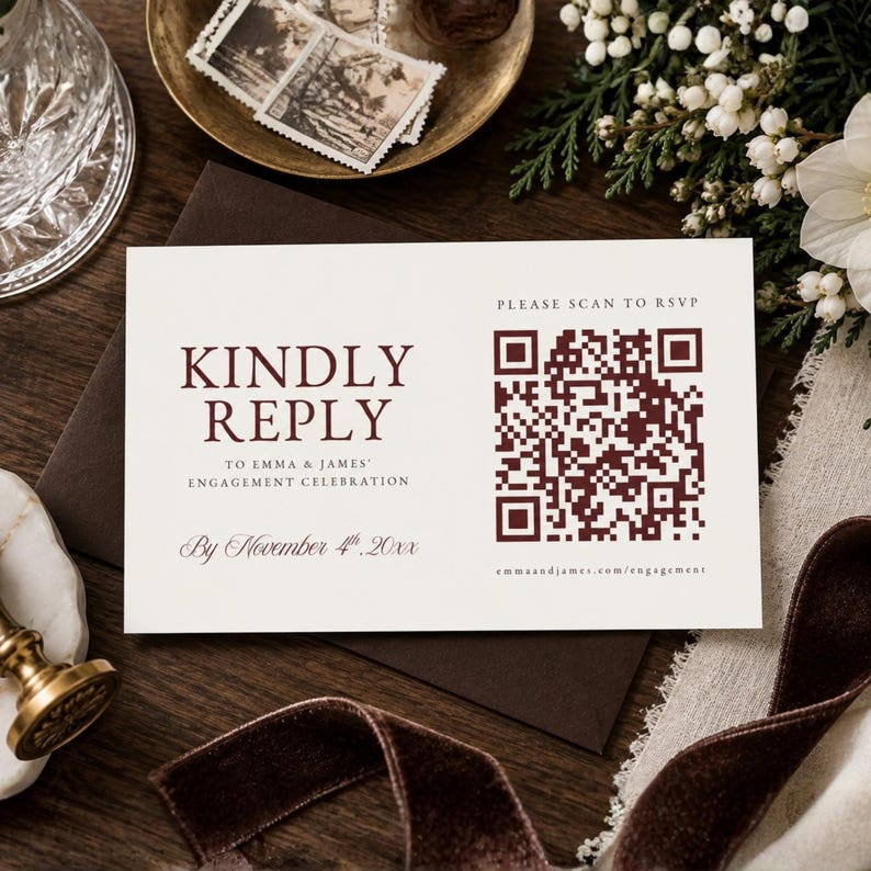 Rsvp Note Sample Winter Engagement Party RSVP Card Template With QR Code, Old Money ...