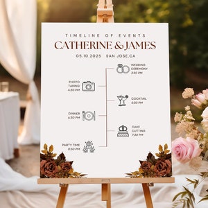 結婚式のタイムライン サイン テンプレート、ボヘミアン ウェディング イベント順序タイムライン サイン、モダンなウェディング パーティー タイムライン