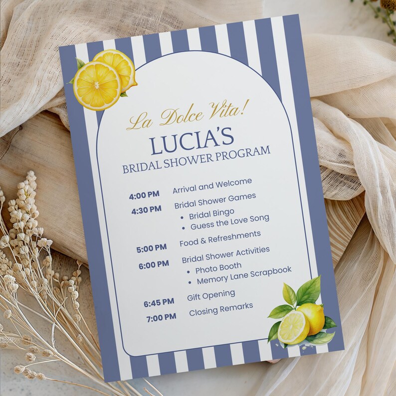 La Dolce Vita Bridal Shower Program, Amalfi Mediterranean Lemon Theme ...