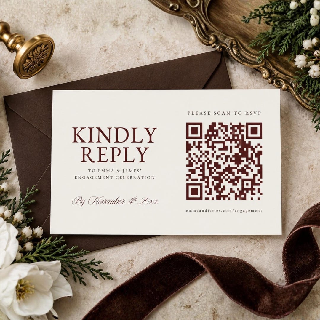 Rsvp Note Sample Winter Engagement Party RSVP Card Template With QR Code, Old Money ...