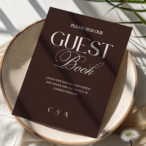 Elegant Wedding Guest Book Sign Template, Printable Guestbook Sign, Espresso Brown Reception Decor, CELESTE Collection