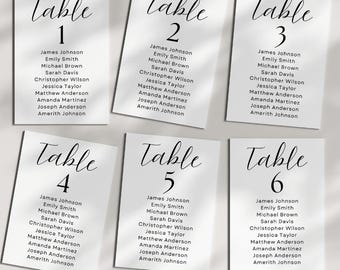 Może przedstawiać: Sześć białych kart z czarnym tekstem, każda z etykietą „Stół” po której następuje liczba od 1 do 6. Każda karta zawiera listę nazwisk, w tym James Johnson, Emily Smith, Michael Brown, Sarah Davis, Christopher Wilson, Jessica Taylor, Matthew Anderson, Amanda Martinez, Joseph Anderson i Amerith Johnson.
