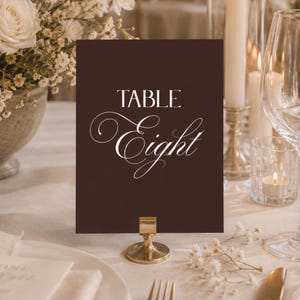 Elegant Wedding Table Number Template, Luxury Espresso Brown Table Number Place Card, CELESTE Collection