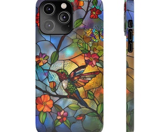 Étui pour téléphone colibri en vitrail, étui pour iPhone, étui pour téléphone oiseau, étui pour téléphone à fleurs, étui à motif vitrail, étui pour iPhone en vitrail