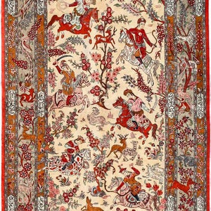 Tapiz persa de terciopelo: Hombres a caballo con diseño floral, 60 x 90 cm.
