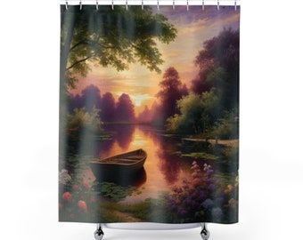 Sunset Serenade Tranquil Haven Luxury Serenity Shower Curtain Serene Nature Boat Gentle Peaceful Soothing Art Bathroom Home Decor 71"x74"