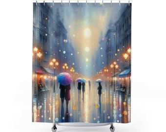 Rainlit Romance Tranquil Urban Landscape Luxus-Gelassenheits-Duschvorhang, ruhig, beruhigend, regnerisch, Kunst, Badezimmer, Heimdekoration, 180 x 183 cm