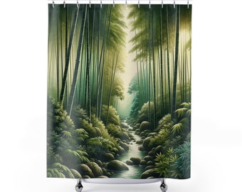 Émeraude bambou retraite luxe Jungle Brook élégant rideau de douche sérénité Art de l'eau sereine décoration de salle de bain 71 "x 74"