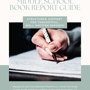 Pode incluir: Um guia de relatório de livro com o título "MIDDLE SCHOOL BOOK REPORT GUIDE" em uma fonte cinza claro. A imagem mostra uma mão segurando uma caneta e escrevendo em uma página. O texto "STRUCTURED SUPPORT FOR THOUGHTFUL, WELL-WRITTEN REPORTS" também é visível.