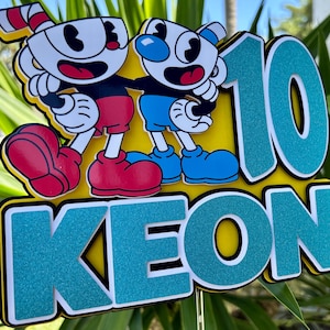 Adorno para tarta de Cuphead, videojuego de Cuphead para cumpleaños, fiesta de cumpleaños, adorno para cupcakes de Cuphead, decoraciones para fiestas, niñas, niños