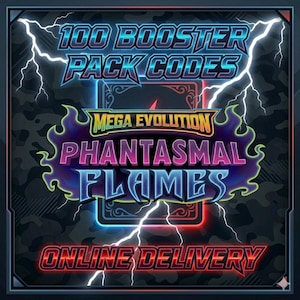 Puede incluir: Gráfico digital con el texto "100 Booster Pack Codes" en azul y blanco, "Mega Evolution Phantasmal Flames" en morado y "Online Delivery" en rojo. Rayos enmarcan el texto sobre un fondo oscuro.