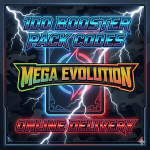 Puede incluir: Gráfico digital con el texto "100 Booster Pack Codes" en azul y morado, "Mega Evolution" en amarillo y naranja, y "Online Delivery" en rojo. El fondo es oscuro con rayos.