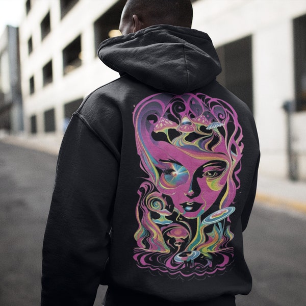 Women's Psychedelic Mushroom Graphic Hoodie - Colorful Trippy Streetwear for EDM Festivals & Raves