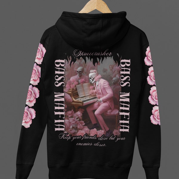 Psychedelic Skull Pianist Hoodie with Pink Roses - Unisex Streetwear Rave Hoodie for EDM Festivals - Bass Mafia Graphic Sweatshirt