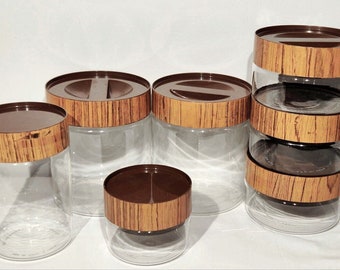 Vintage 70s Glass Pyrex Made In U.S.A. Wood Grain Design Canister Set of 7