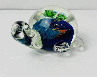Clear Glass Turtle Paperweight With Mini Turtles Oceanic Themed
