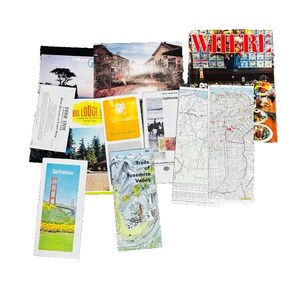 Lote de guias e mapas de viagem da Califórnia, EUA, dos anos 80