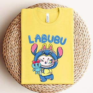 Kawaii Stitch Costume Shirt, Labubu Dressed As Stitch T-Shirt, Cute Cartoon Tee, Disney Inspired Bluza, Pastel Kawaii Aesthetic
