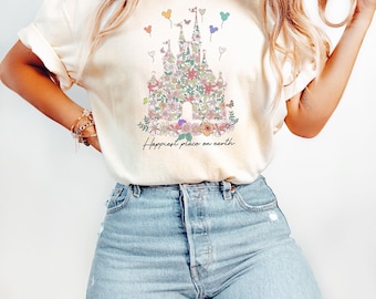 Disney Castle Floral Shirt, Vintage Disney Shirt, Happiest Place on Earth Shirt, Magic Kingdom Shirt