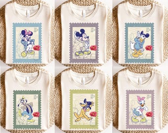 Retro Mickey and Friends Floral Stamp Shirt, Disney Characters T-Shirt, Disney Mickey Mouse Tee, Mickey & Co Gift, Disney Stamp Sweatshirt
