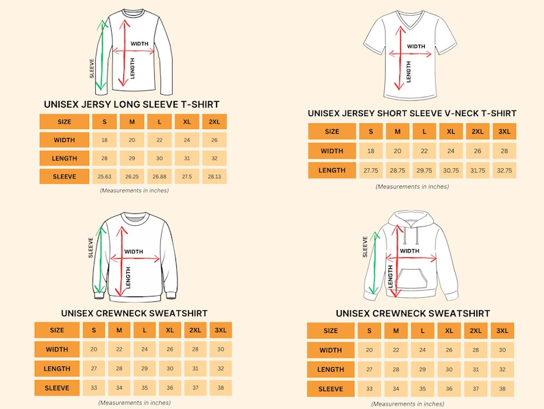 four different illustrations of a long-sleeved shirt, including a long-sleeved T-shirt and a crew neck sweatshirt. Each illustration is accompanied by measurements in inches, indicating the sleeve length, width, and other dimensions of the shirt.