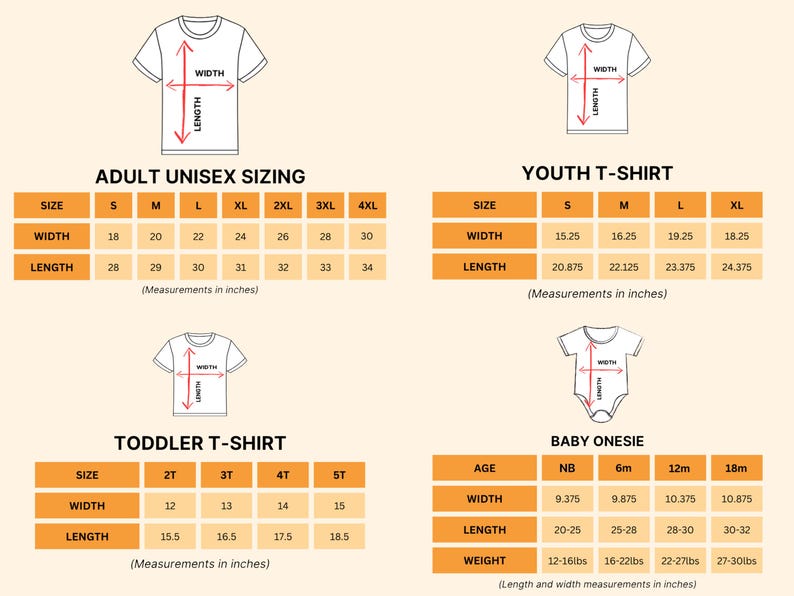 four different size charts for children's clothing, including a toddler t-shirt and a youth t-shirt. The charts provide measurements in inches for the width and length of the shirts.