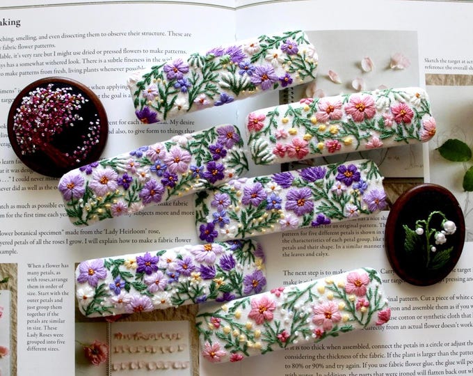 Handmade Linen Floral Embroidered Barrette: Flower Hair Clip