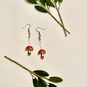 Red Mushroom Earrings, Mushroom drop earrings, Metal Mushroom Earrings,