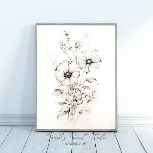 Vintage Flower Art Print | Botanical Sketch | Flower Etch | Vintage Artwork | Antique Wall Art | Vintage Prints Wall Art | Digital Printable