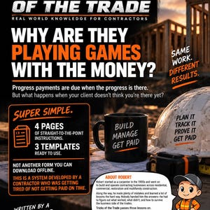 Op de afbeelding: Een promotieflyer getiteld Tricks of the Trade Part 1 met tekst over betalingssystemen voor aannemers. Het bevat een zwarte mok met de tekst Build Manage Get Paid, een witte veiligheidshelm, een meetlint en een cartoon bouwvakker.