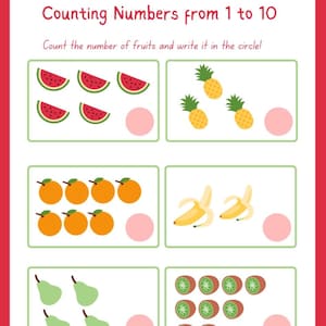 Könnte beinhalten: Ein druckbares Arbeitsblatt für Kinder, um das Zählen von 1 bis 10 zu üben. Das Arbeitsblatt zeigt Bilder von verschiedenen Früchten, wie Wassermelonen, Ananas, Orangen, Bananen, Birnen und Kiwis. Die Kinder zählen die Anzahl der Früchte in jeder Reihe und schreiben die Zahl in den dafür vorgesehenen Kreis.