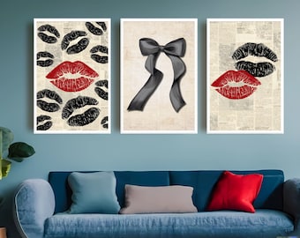 Dunkles Coquette-Wandkunst-Set mit 3 Stück, schwarze und rote Lippen, schwarze Schleife, Retro-Wandkunst, trendige Wandkunst, druckbare Wandkunst, kokette Ästhetik.