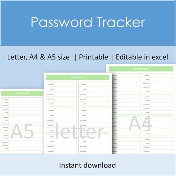 Password Tracker: PDF & Excel | Account login journal | 3 colours to choose |  multiple page sizes