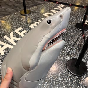 May include: A grey shark-shaped novelty item with an open mouth showing white teeth and pink gums. The shark has a black eye. The item is held in a hand.