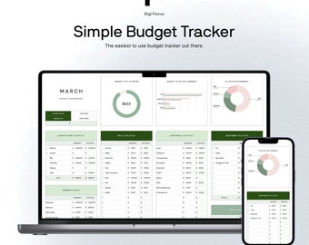Op de afbeelding: Een laptopscherm dat een groene en roze budgettracker-spreadsheet weergeeft met de titel "MARCH Budget Dashboard". De spreadsheet bevat secties voor cashflow, factuurtracker, uitgavenoverzicht en spaartracker. De laptop staat op een wit oppervlak. Een mobiele telefoon met een vergelijkbare budgettracker-spreadsheet bevindt zich in de rechterbenedenhoek van de afbeelding.